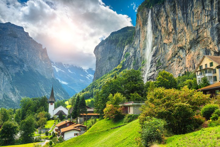 Lauterbrunnen Valley with waterfalls and alpine village