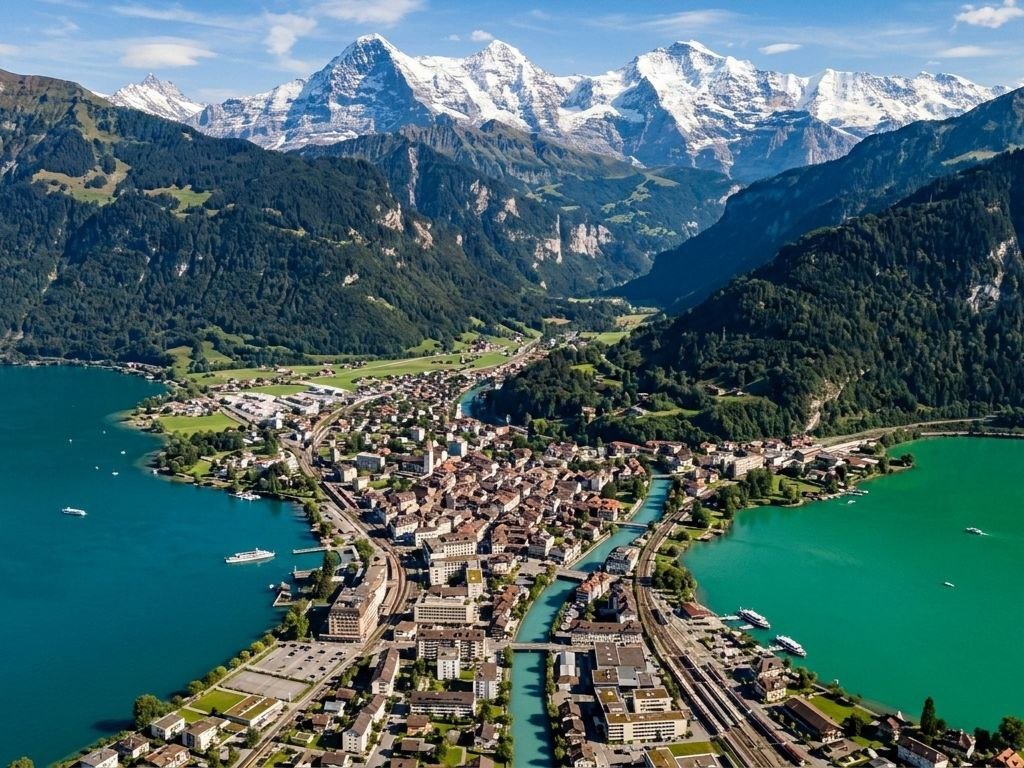 interlaken switzerland aerial view between two lakes